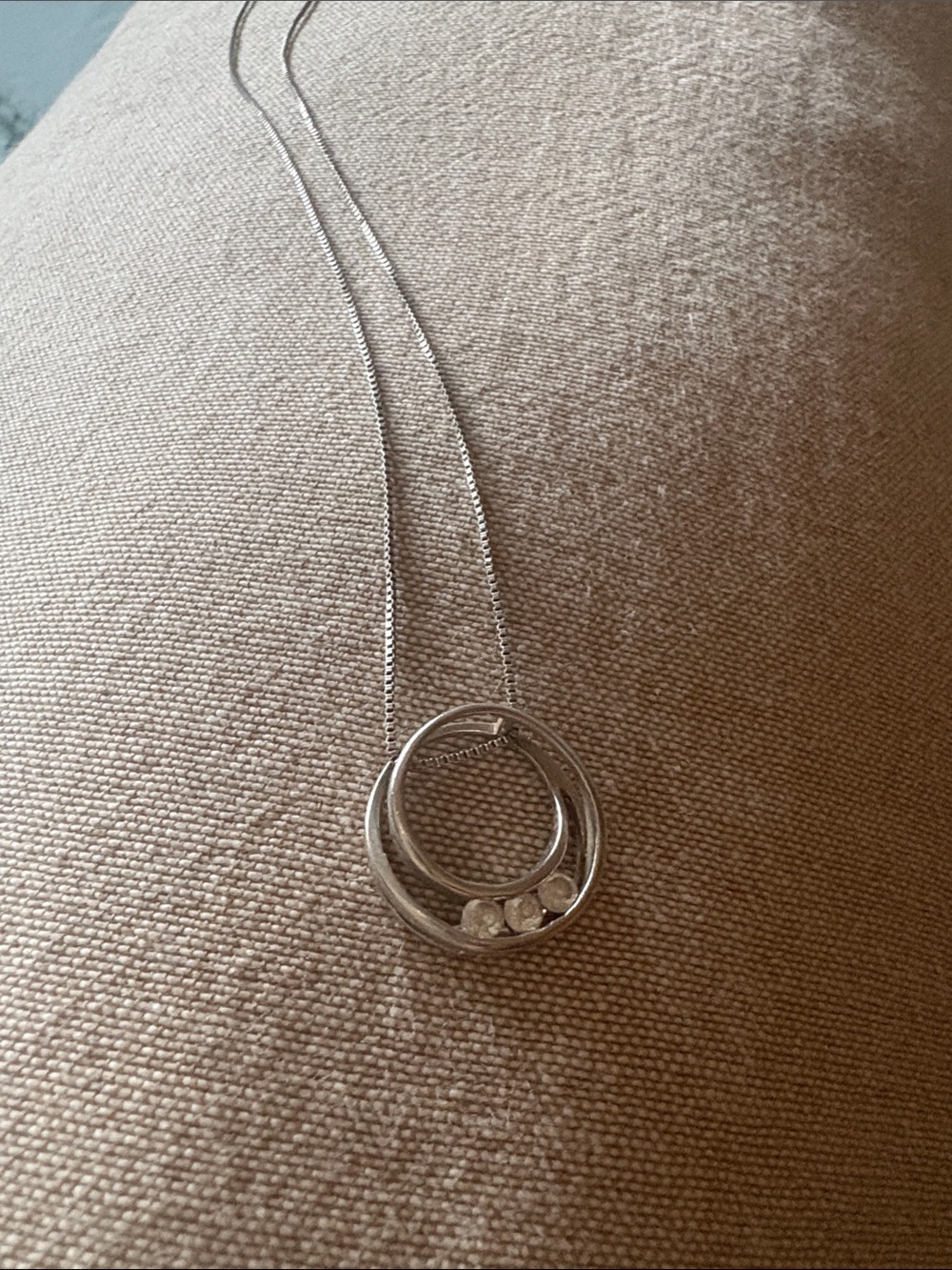 Silver Double Circle Pendant Necklace with Cubic Stones- 18” long